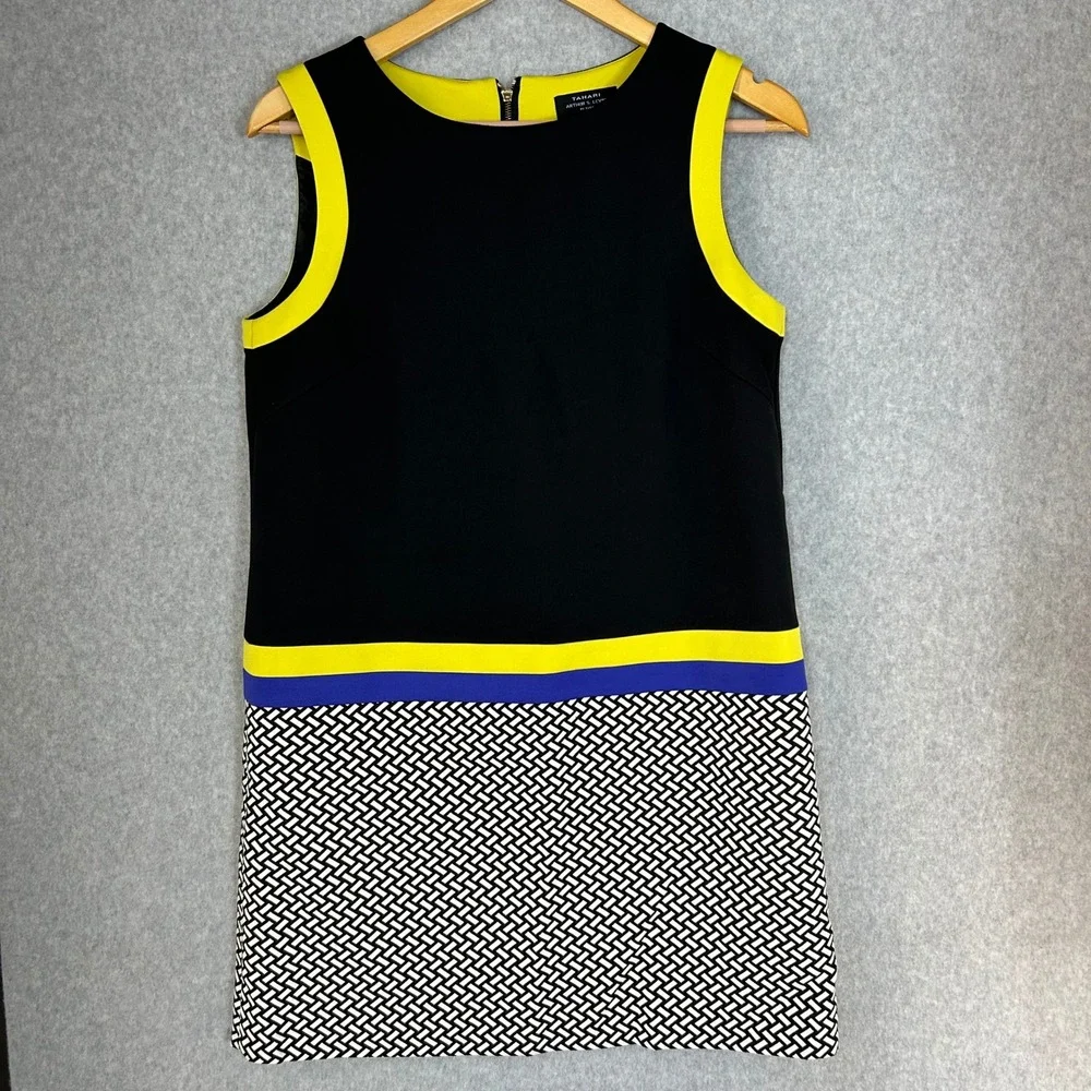 Tahari Arthur S Levine Black Yellow Blue Geometric Sheath Dress Size 6 Petite 6P